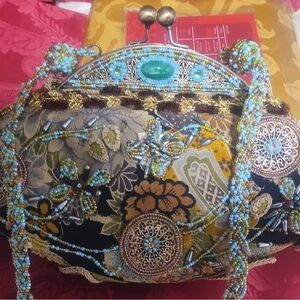 Mary Frances Beaded Floral Clutch in Black, Turquoise & Gold
